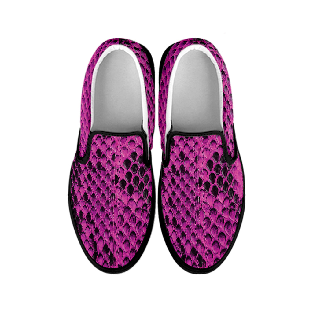 Magenta Pink And Black Snakeskin Print Black Slip On Shoes