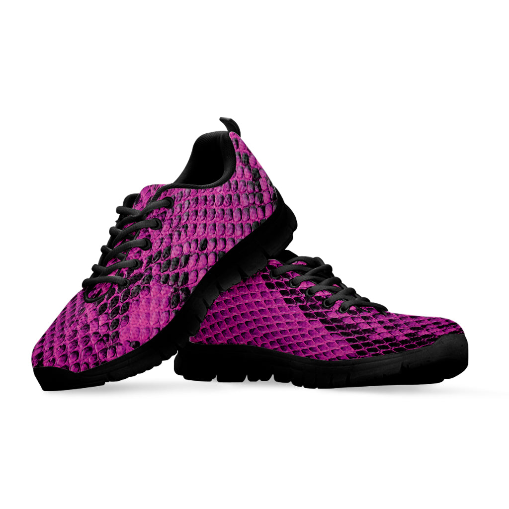 Magenta Pink And Black Snakeskin Print Black Sneakers