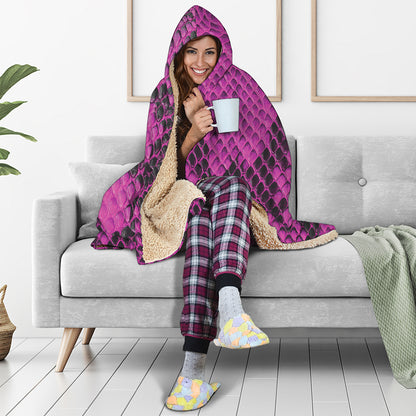 Magenta Pink And Black Snakeskin Print Hooded Blanket