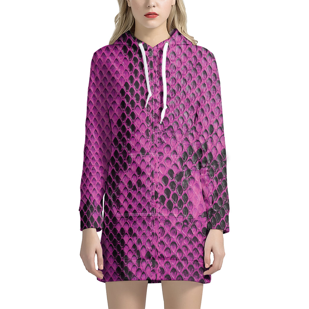 Magenta Pink And Black Snakeskin Print Hoodie Dress