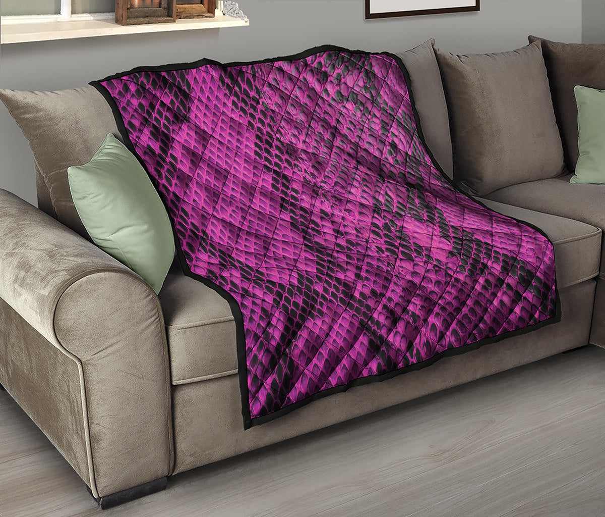 Magenta Pink And Black Snakeskin Print Quilt