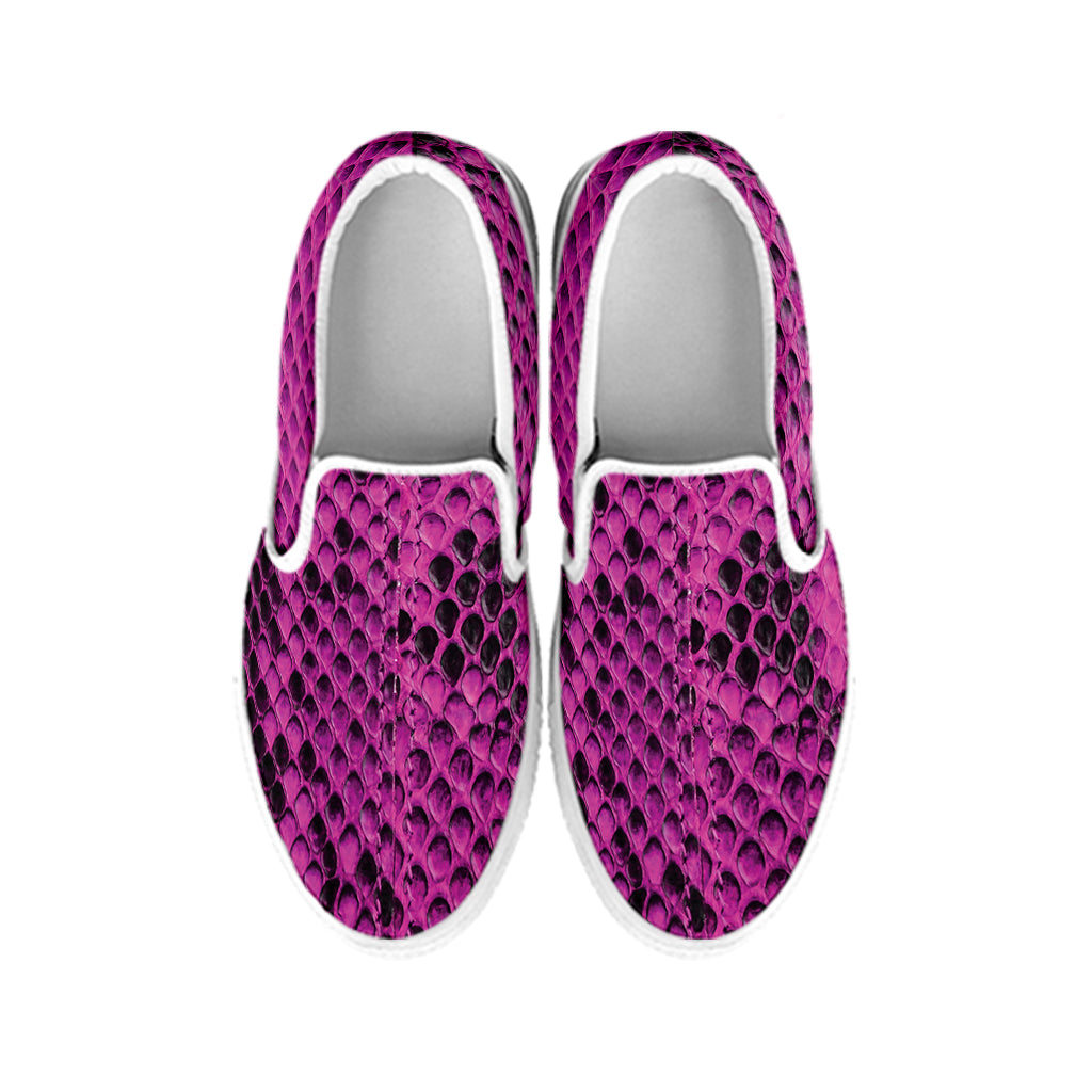 Magenta Pink And Black Snakeskin Print White Slip On Shoes