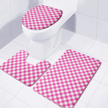 Magenta Pink And White Gingham Print 3 Piece Bath Mat Set