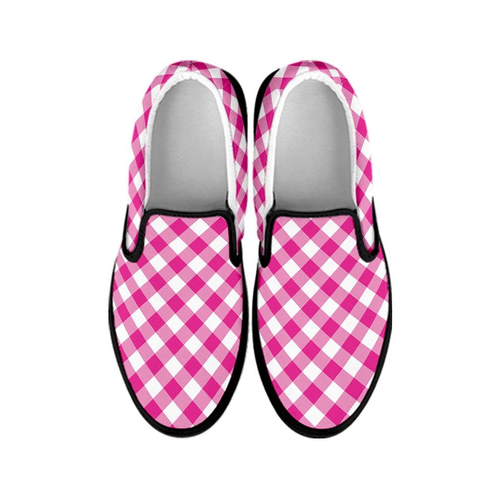 Magenta Pink And White Gingham Print Black Slip On Shoes