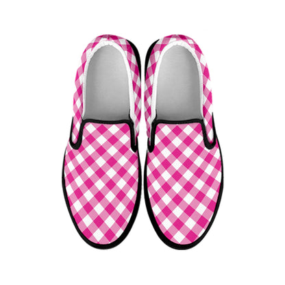 Magenta Pink And White Gingham Print Black Slip On Shoes