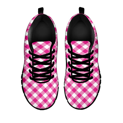 Magenta Pink And White Gingham Print Black Sneakers