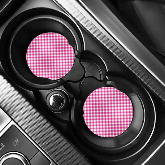 Magenta Pink And White Gingham Print Car Coasters