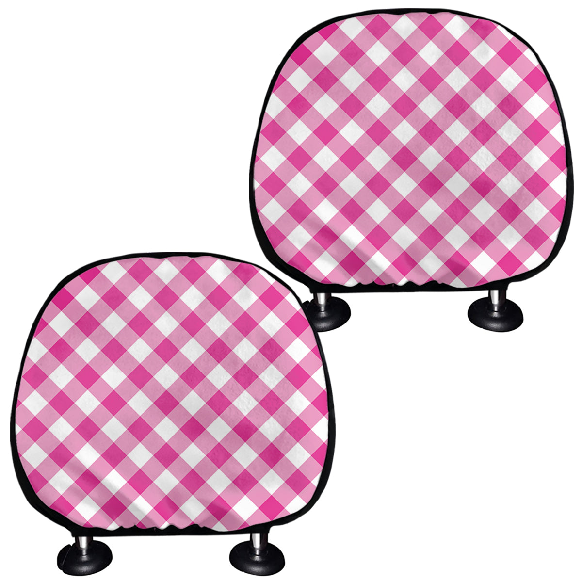 Magenta Pink And White Gingham Print Car Headrest Covers