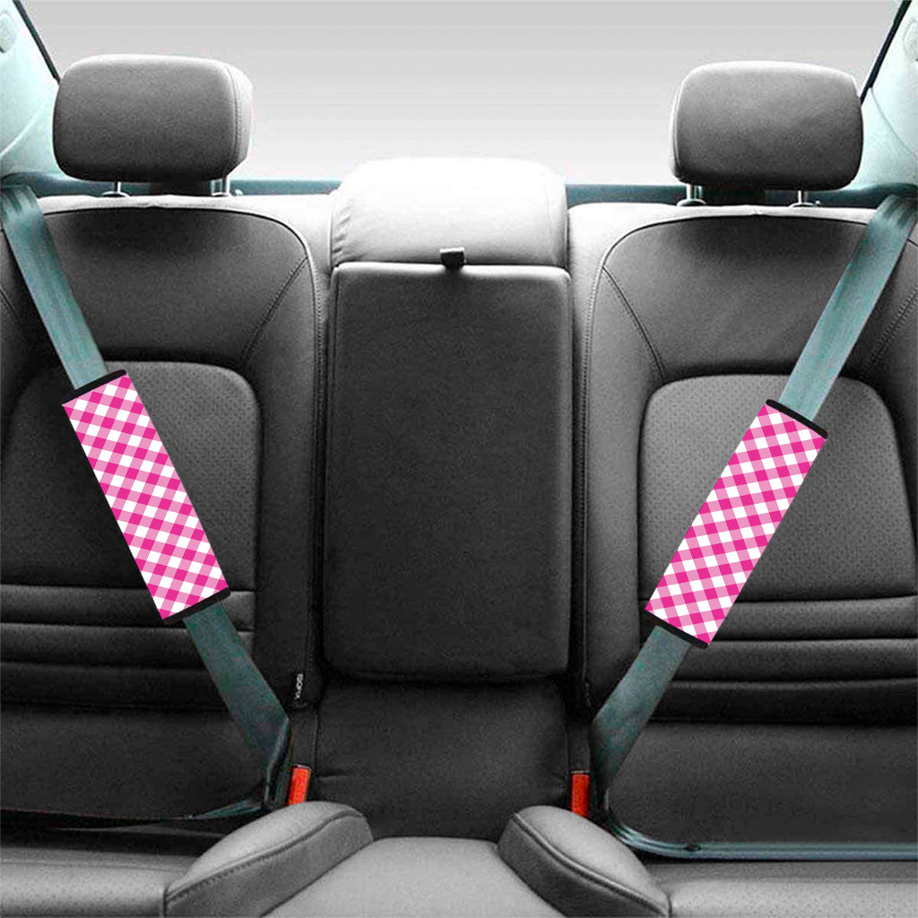 Magenta Pink And White Gingham Print Car Seat Belt Covers