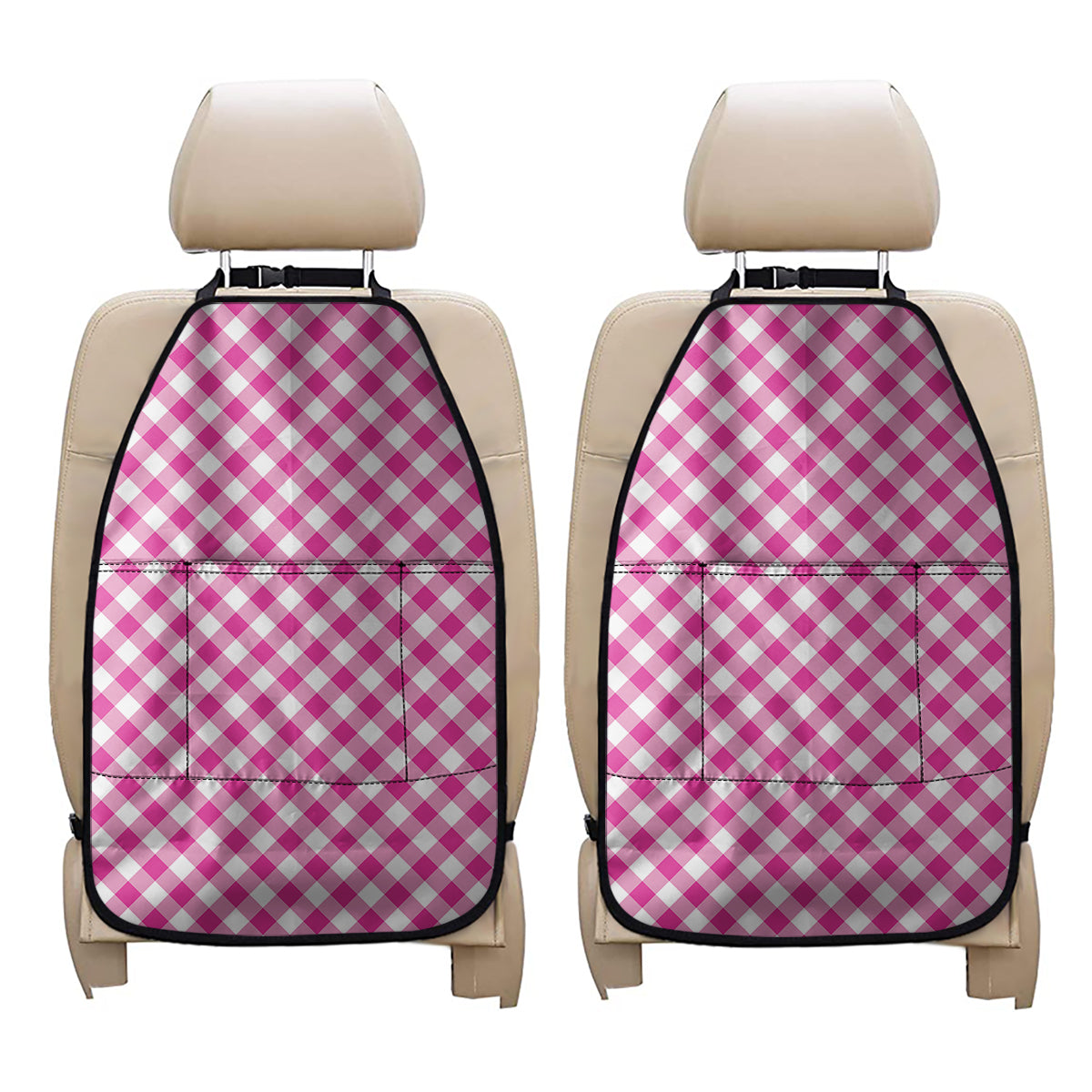 Magenta Pink And White Gingham Print Car Seat Organizers