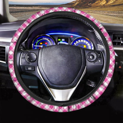 Magenta Pink And White Gingham Print Car Steering Wheel Cover
