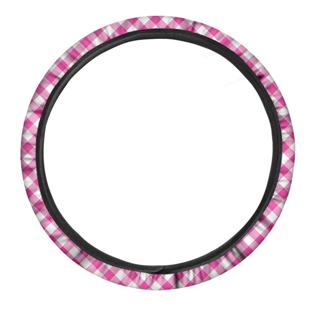 Magenta Pink And White Gingham Print Car Steering Wheel Cover