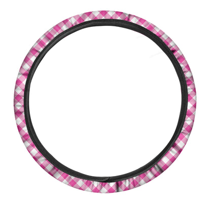 Magenta Pink And White Gingham Print Car Steering Wheel Cover