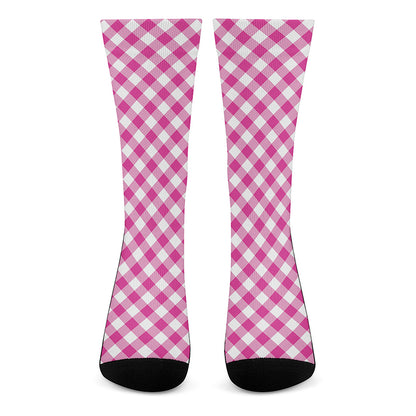 Magenta Pink And White Gingham Print Crew Socks