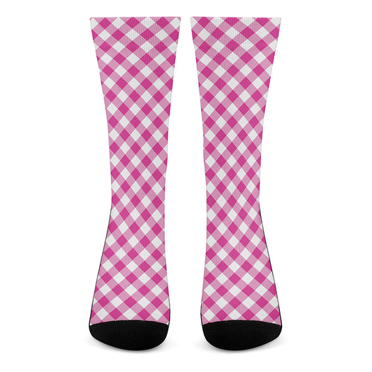 Magenta Pink And White Gingham Print Crew Socks