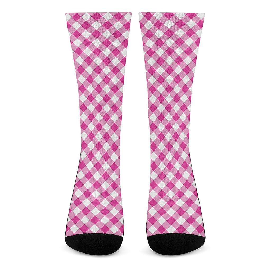 Magenta Pink And White Gingham Print Crew Socks