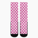 Magenta Pink And White Gingham Print Crew Socks