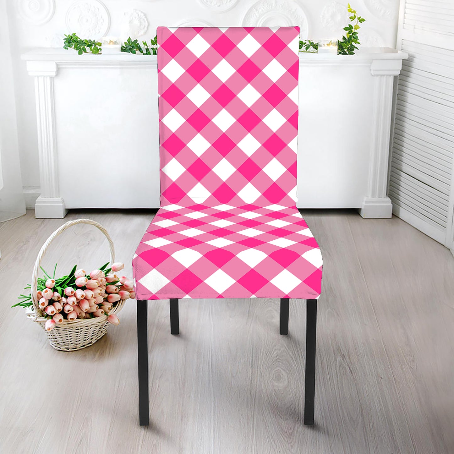 Magenta Pink And White Gingham Print Dining Chair Slipcover