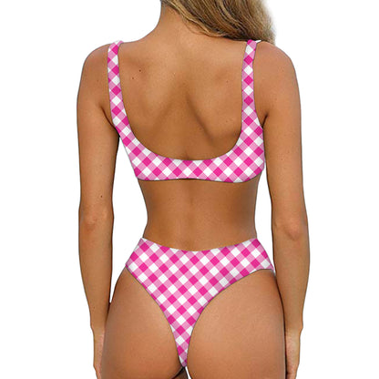 Magenta Pink And White Gingham Print Front Bow Tie Bikini