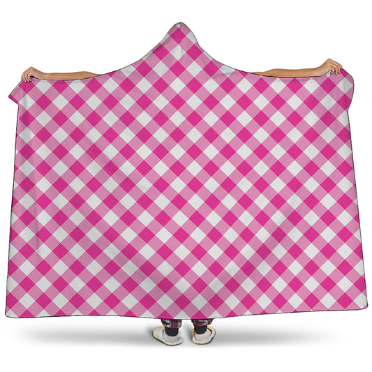 Magenta Pink And White Gingham Print Hooded Blanket