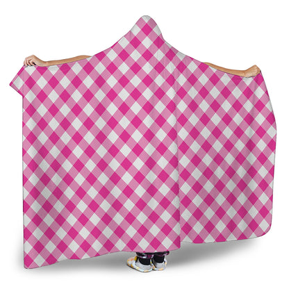 Magenta Pink And White Gingham Print Hooded Blanket