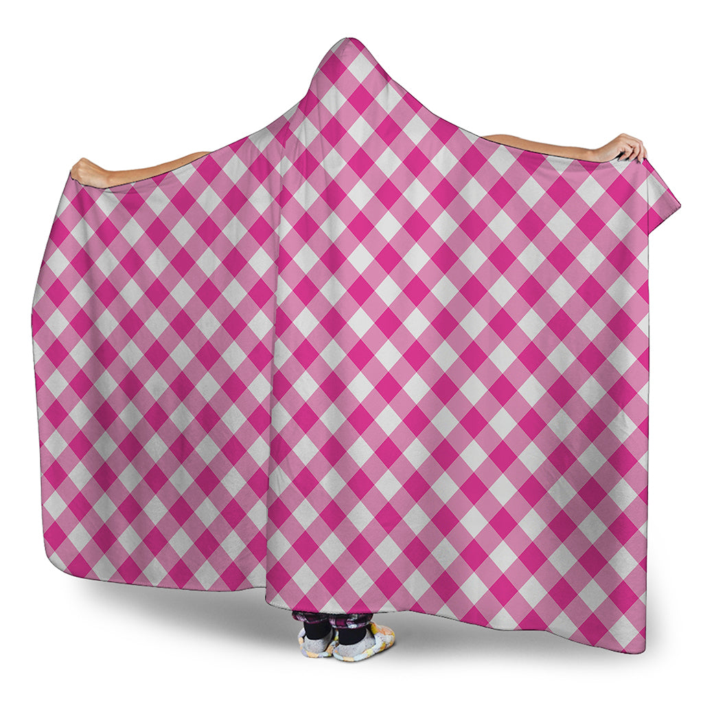 Magenta Pink And White Gingham Print Hooded Blanket