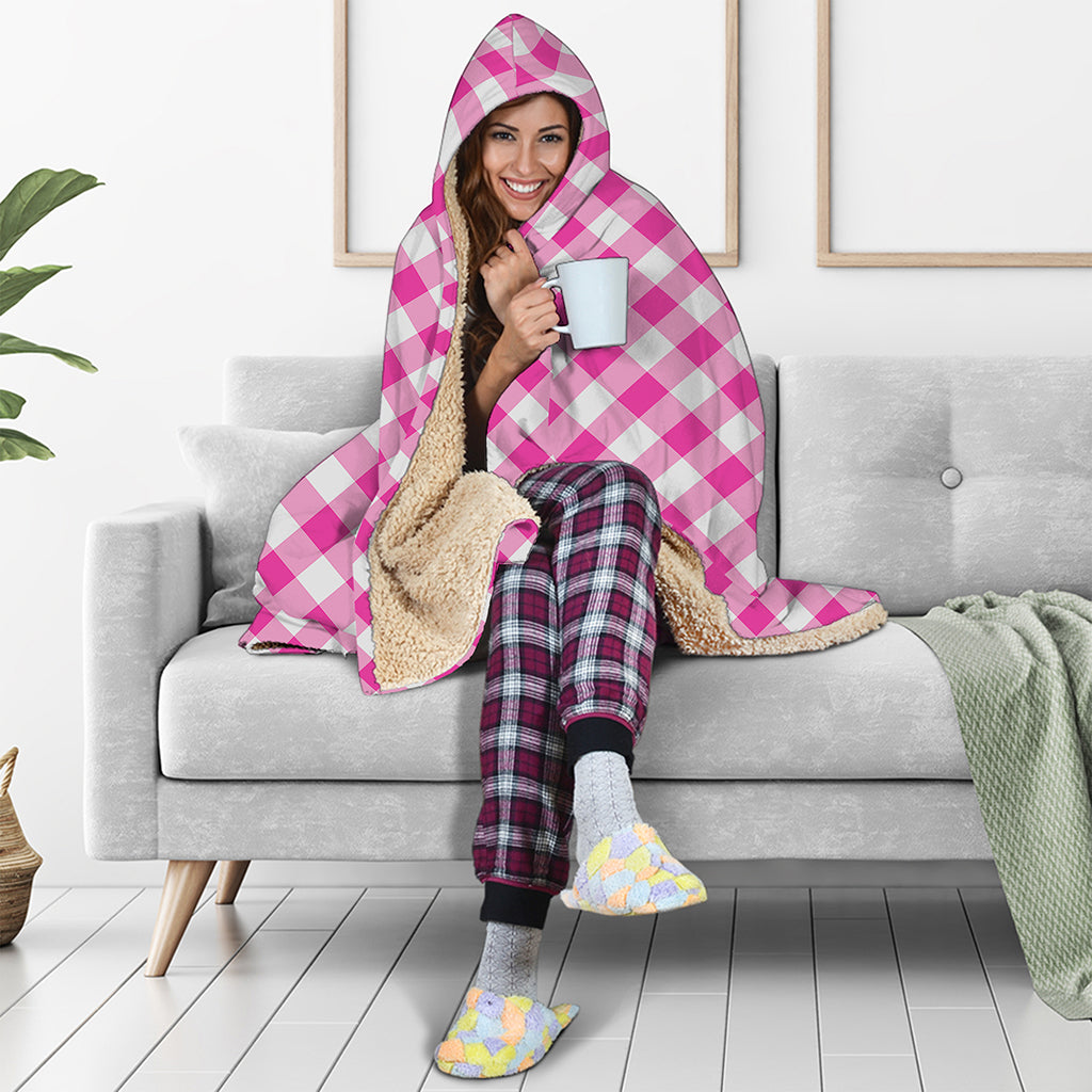 Magenta Pink And White Gingham Print Hooded Blanket