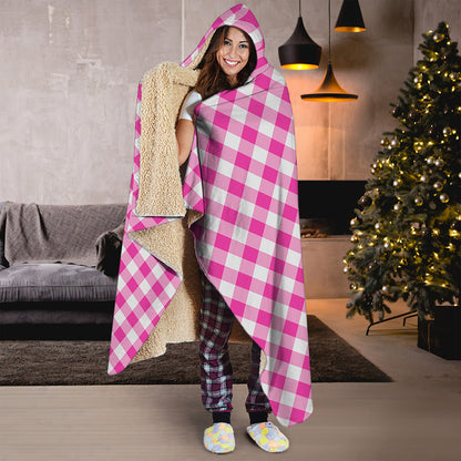 Magenta Pink And White Gingham Print Hooded Blanket