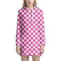 Magenta Pink And White Gingham Print Pullover Hoodie Dress