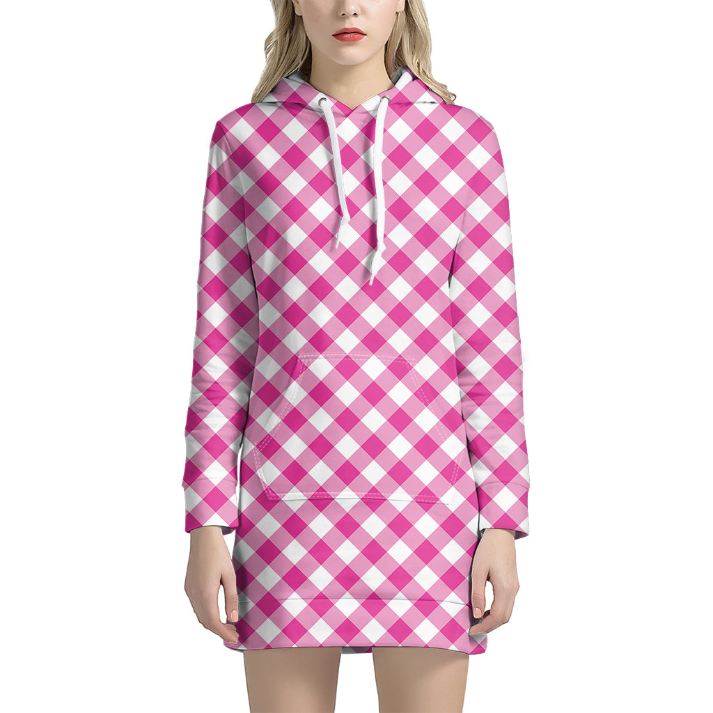Magenta Pink And White Gingham Print Hoodie Dress