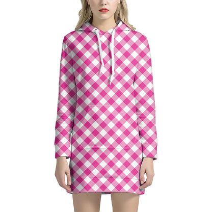Magenta Pink And White Gingham Print Hoodie Dress