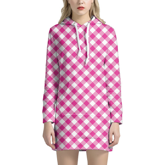 Magenta Pink And White Gingham Print Hoodie Dress