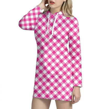 Magenta Pink And White Gingham Print Hoodie Dress