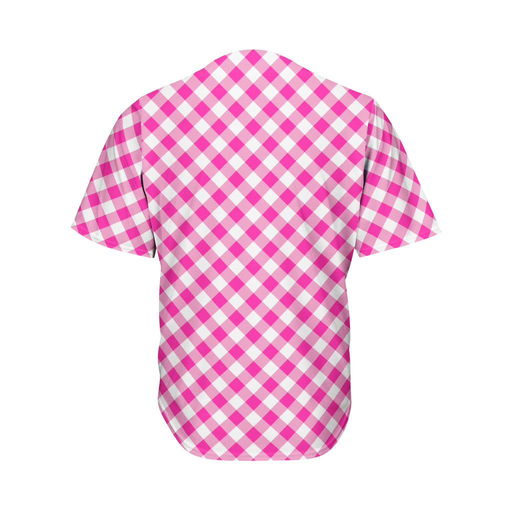 Magenta Pink And White Gingham Print Men's Baseball Jersey