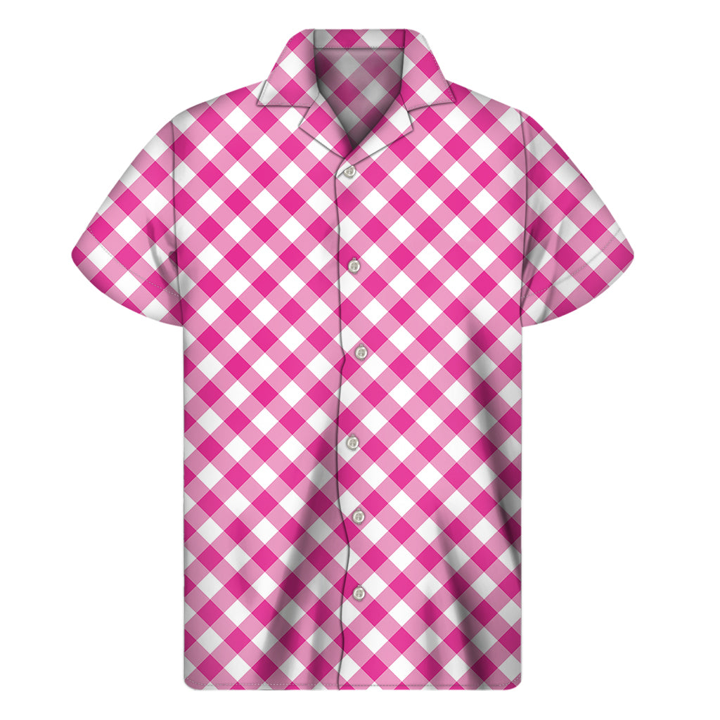 Magenta Pink And White Gingham Print Men's Short Sleeve Shirt