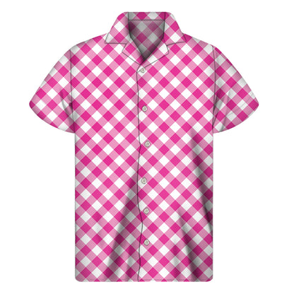 Magenta Pink And White Gingham Print Men's Short Sleeve Shirt