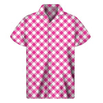 Magenta Pink And White Gingham Print Men's Short Sleeve Shirt