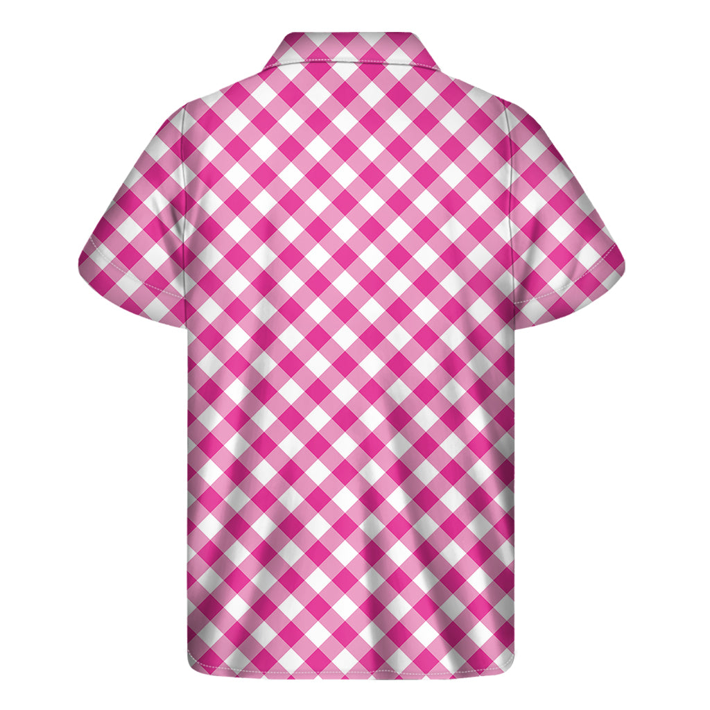 Magenta Pink And White Gingham Print Men's Short Sleeve Shirt