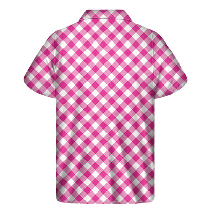 Magenta Pink And White Gingham Print Men's Short Sleeve Shirt