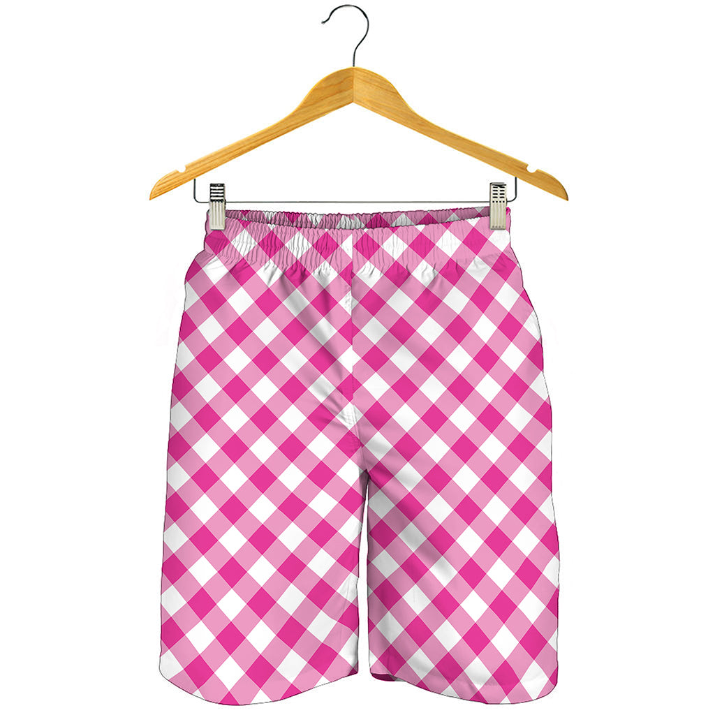 Magenta Pink And White Gingham Print Men's Shorts