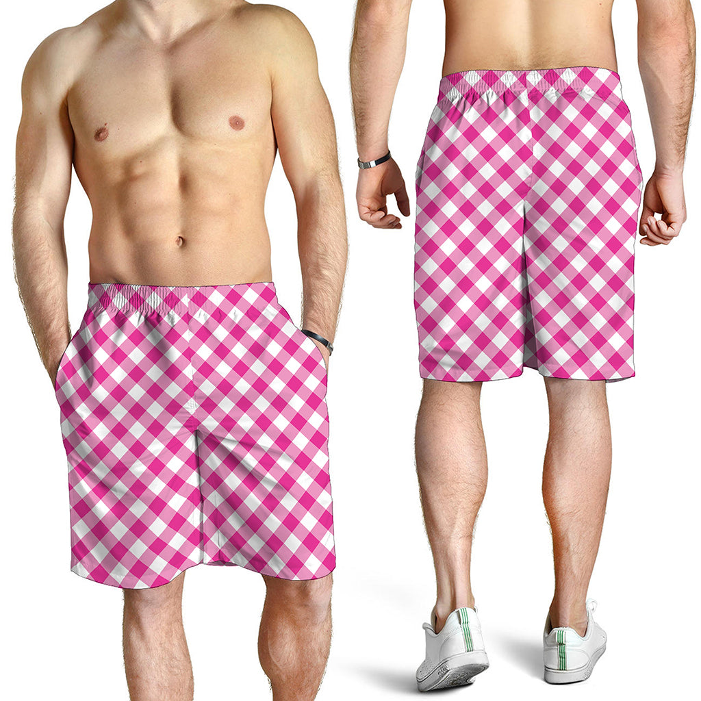 Magenta Pink And White Gingham Print Men's Shorts