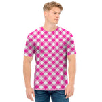 Magenta Pink And White Gingham Print Men's T-Shirt