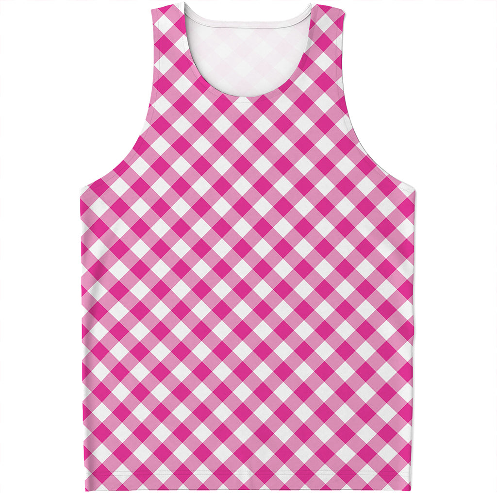 Magenta Pink And White Gingham Print Men's Tank Top