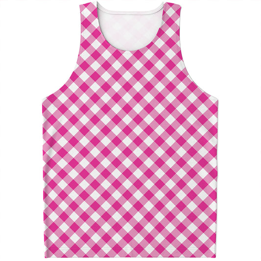 Magenta Pink And White Gingham Print Men's Tank Top
