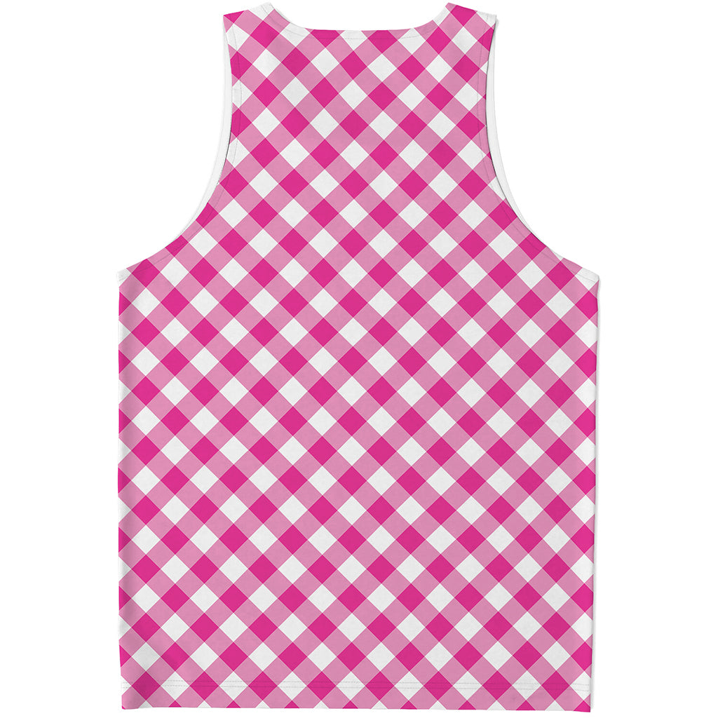 Magenta Pink And White Gingham Print Men's Tank Top