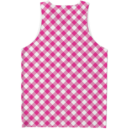 Magenta Pink And White Gingham Print Men's Tank Top