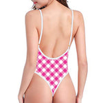 Magenta Pink And White Gingham Print One Piece High Cut Swimsuit