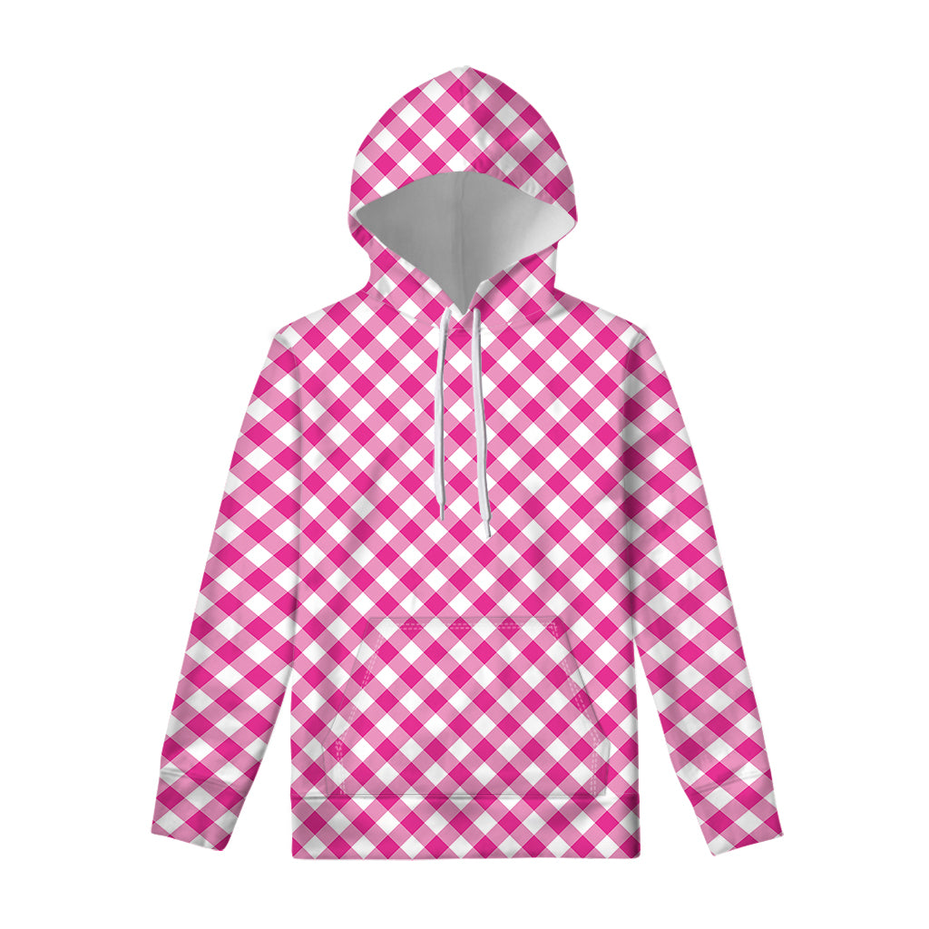 Magenta Pink And White Gingham Print Pullover Hoodie