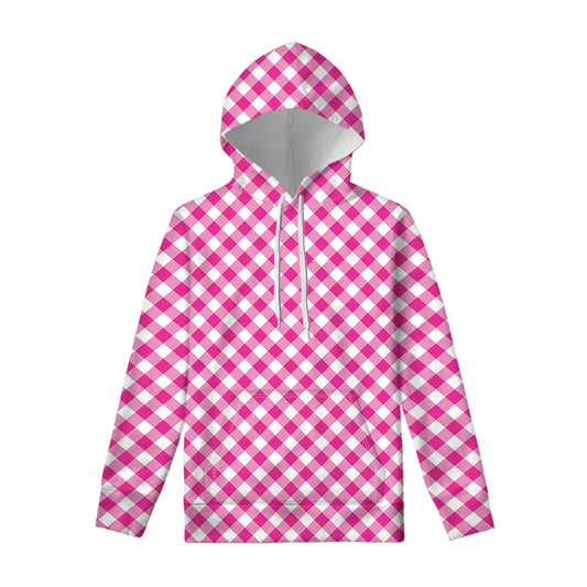 Magenta Pink And White Gingham Print Pullover Hoodie