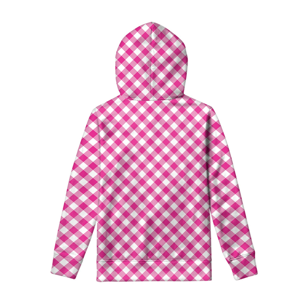 Magenta Pink And White Gingham Print Pullover Hoodie